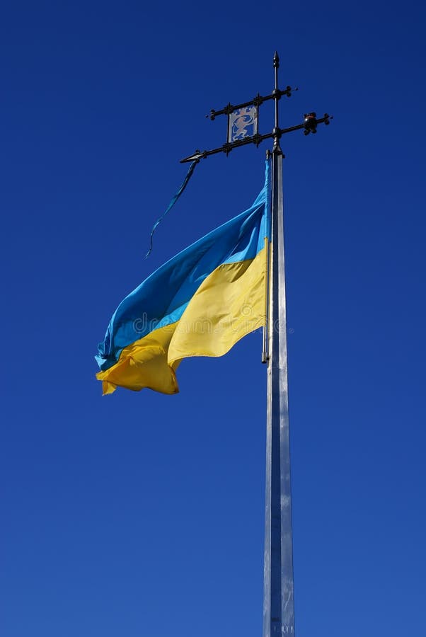 Flag of Ukraine with an emblem of Lviv. Flag of Ukraine with an emblem of Lviv