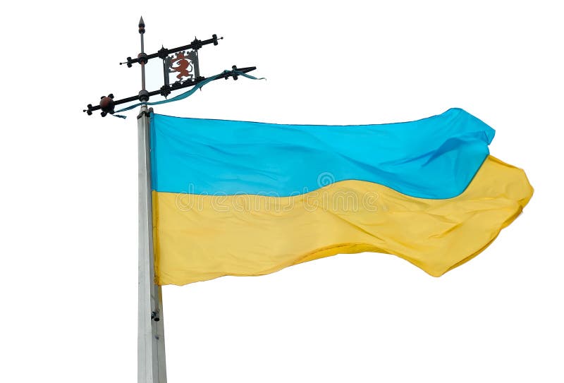 Flag of Ukraine with an emblem of Lviv isolated on white background. Flag of Ukraine with an emblem of Lviv isolated on white background