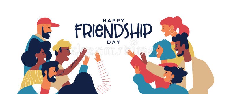 Happy friendship day web banner with diverse friend group of people doing high five together. Young generation on social event holiday. Happy friendship day web banner with diverse friend group of people doing high five together. Young generation on social event holiday