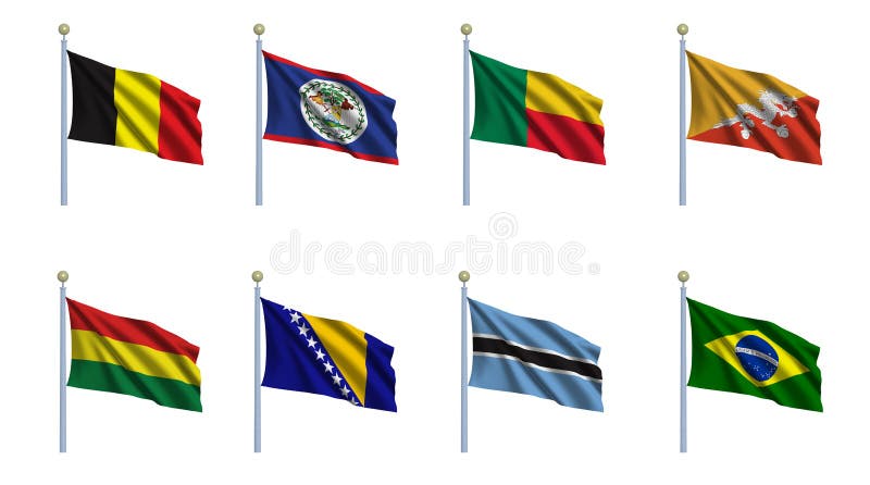 World flag set 03 - Belgium, Belize, Benin, Bhutan, Bolivia, Bosnia and Herzegovina, Botswana and Brazil. World flag set 03 - Belgium, Belize, Benin, Bhutan, Bolivia, Bosnia and Herzegovina, Botswana and Brazil