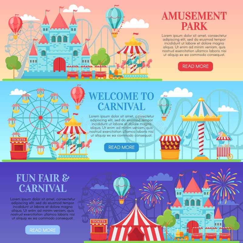 Amusement park banner. Amusing festival attractions, kids carousel and ferris wheel attraction. Amuse ferry, funfair fairground or circus ticket. Banners background vector illustration set. Amusement park banner. Amusing festival attractions, kids carousel and ferris wheel attraction. Amuse ferry, funfair fairground or circus ticket. Banners background vector illustration set