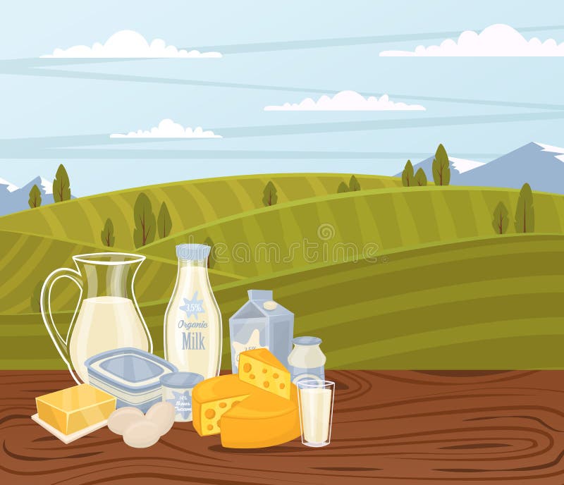 Bandeira dos produtos agrícolas com composição da leiteria ilustração do vetor Bandeira dos produtos agrícolas com composição da leiteria ilustração do vetor