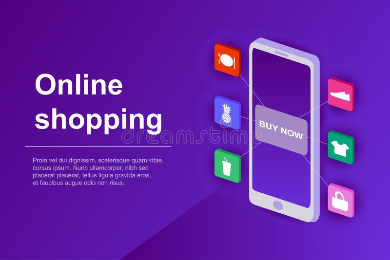 Bandeira em linha da Web da compra Conceito da loja em linha com smartphone isométrico página do Web site do comércio eletrónico ilustração royalty free Bandeira em linha da Web da compra Conceito da loja em linha com smartphone isométrico página do Web site do comércio eletrónico ilustração royalty free