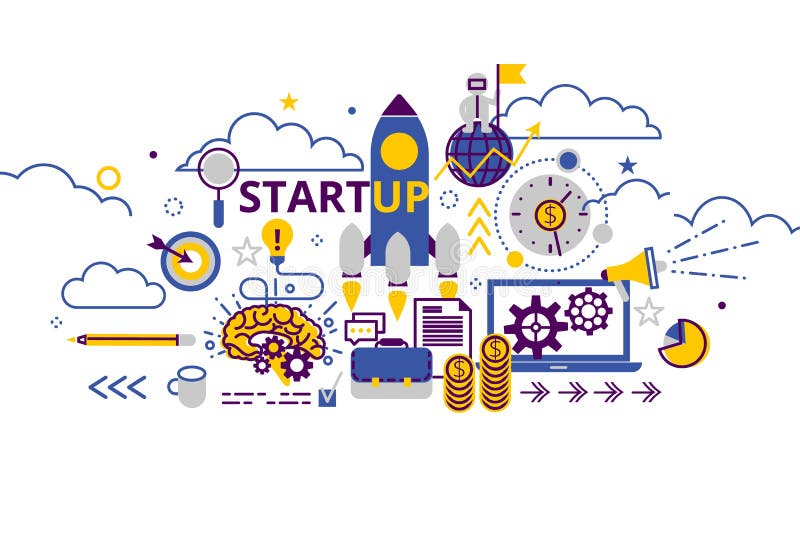 Bandeira horizontal do conceito Startup do negócio na linha lisa escada Ilustração criativa do vetor com muitos ícones do negócio ilustração do vetor Bandeira horizontal do conceito Startup do negócio na linha lisa escada Ilustração criativa do vetor com muitos ícones do negócio ilustração do vetor