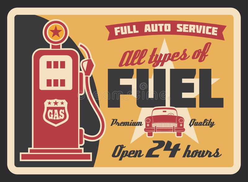 Banner retro de posto de gasolina com bomba de combustível e carro ilustração stock