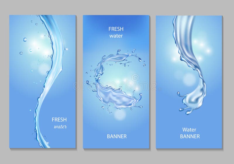 Bandeira vertical com fluxos e gotas da água azul claro Grupo do conceito do frescor do vetor ilustração stock Bandeira vertical com fluxos e gotas da água azul claro Grupo do conceito do frescor do vetor ilustração stock