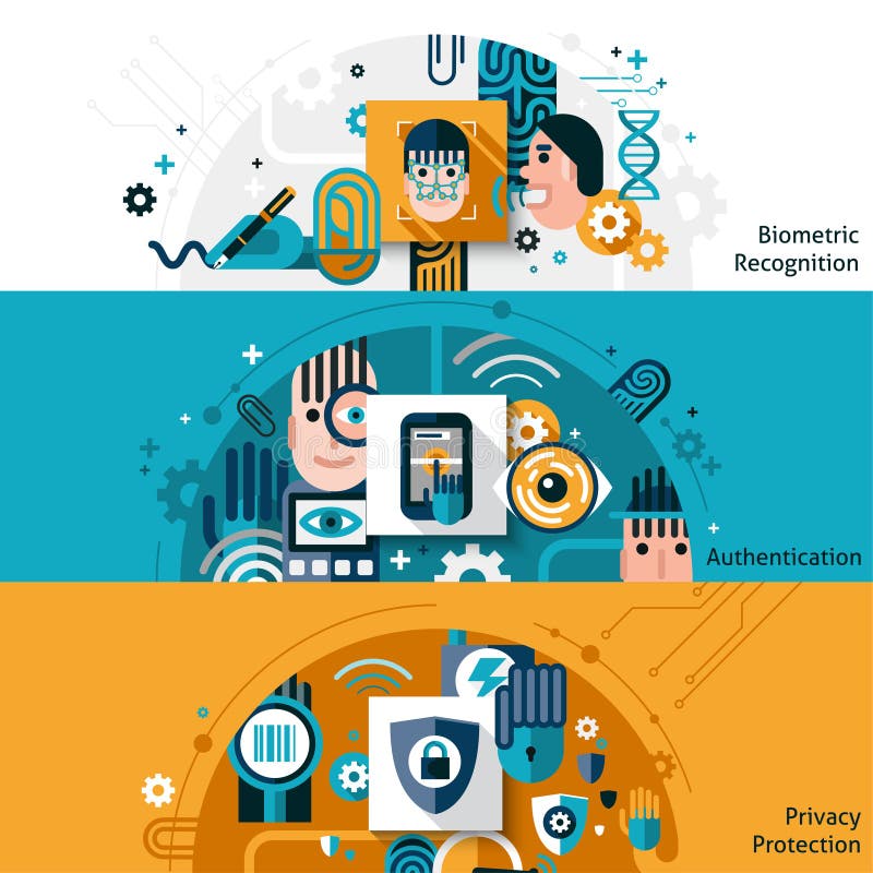 Biometric authentication horizontal banner set with privacy protection and recognition elements vector illustration. Biometric authentication horizontal banner set with privacy protection and recognition elements vector illustration