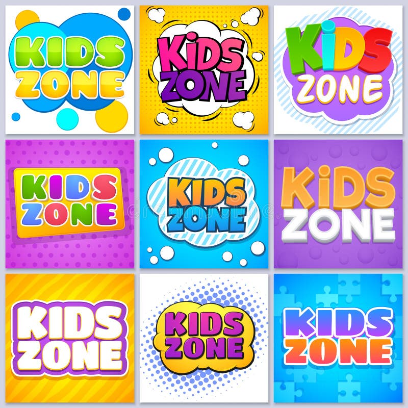 Kids zone banners. Children game playground labels with cartoon lettering. School children park area vector backgrounds set. Kids zone banners. Children game playground labels with cartoon lettering. School children park area vector backgrounds set