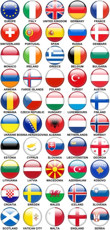 Illustration featuring set of 50 glossy round buttons or badges concerning European countries flags isolated on white background. Eps file is available. Illustration featuring set of 50 glossy round buttons or badges concerning European countries flags isolated on white background. Eps file is available