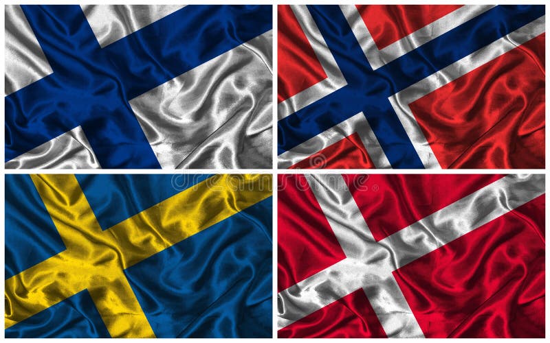 Waving colourful flags of Scandinavian countries on a silk background. Waving colourful flags of Scandinavian countries on a silk background