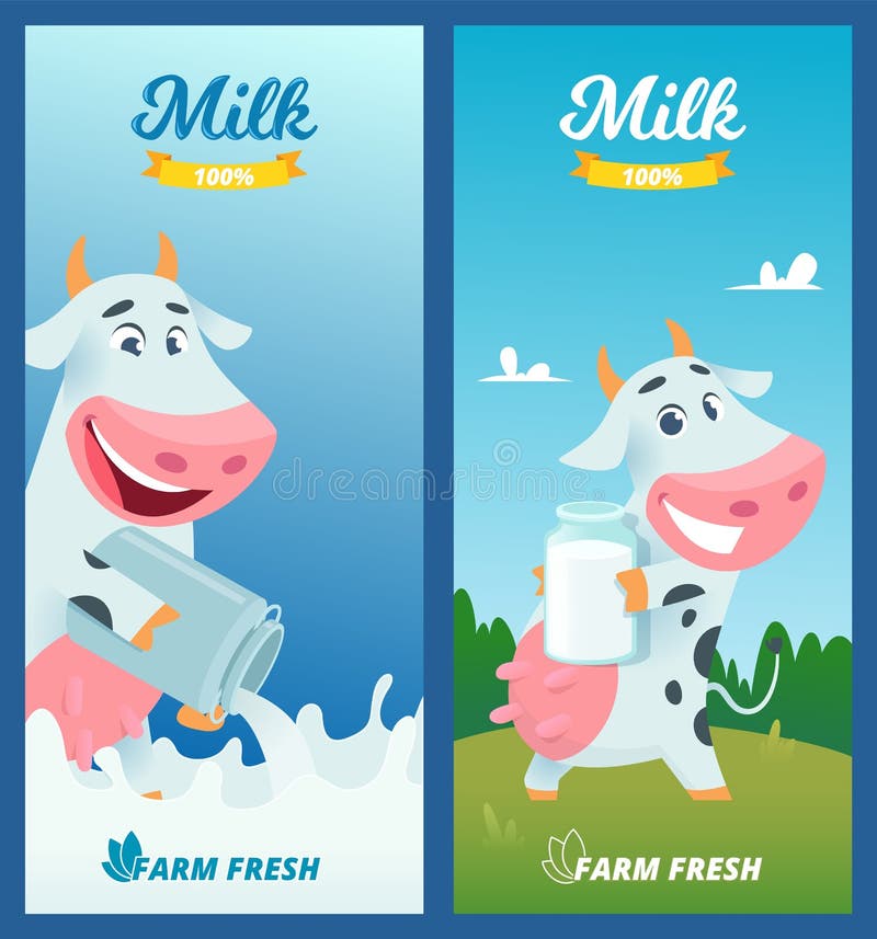 Bandeiras do leite Ilustração engraçada da propaganda da vaca dos desenhos animados com imagens do vetor do conceito da exploraçã ilustração royalty free Bandeiras do leite Ilustração engraçada da propaganda da vaca dos desenhos animados com imagens do vetor do conceito da exploraçã ilustração royalty free