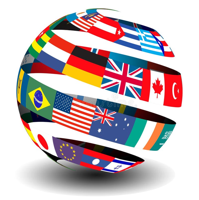 Bandeiras do mundo em um globo/esfera ilustração do vetor Bandeiras do mundo em um globo/esfera ilustração do vetor