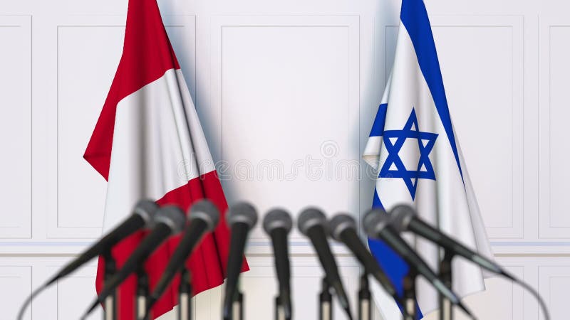 Bandeiras do Peru e da Israel na reunião ou na conferência internacional rendição 3d imagem de stock Bandeiras do Peru e da Israel na reunião ou na conferência internacional rendição 3d imagem de stock