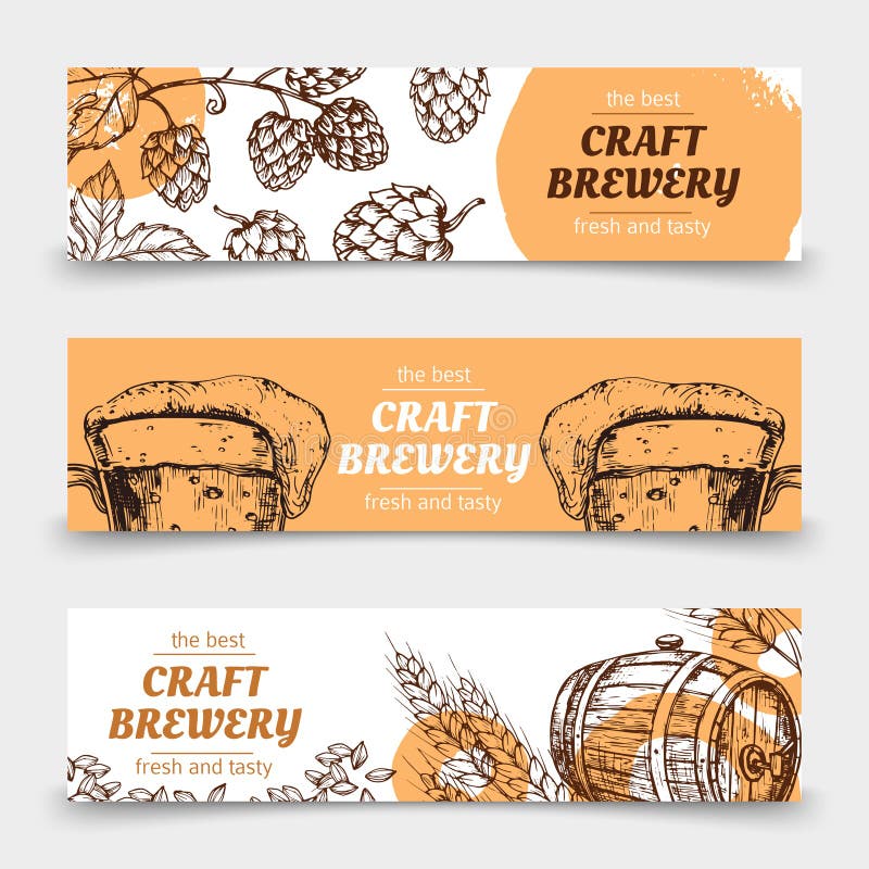 Bandeiras do vetor do vintage da cervejaria do esboço da garatuja com cerveja e lúpulos ilustração do vetor Bandeiras do vetor do vintage da cervejaria do esboço da garatuja com cerveja e lúpulos ilustração do vetor