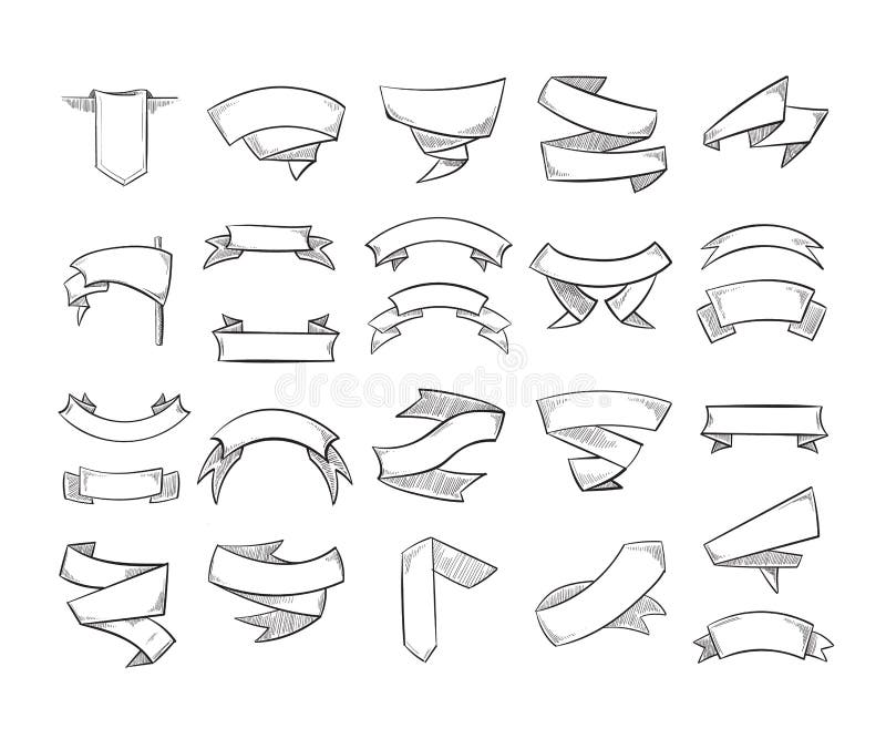 Bandeiras e fitas do vetor do desenho de lápis da garatuja ilustração stock Bandeiras e fitas do vetor do desenho de lápis da garatuja ilustração stock