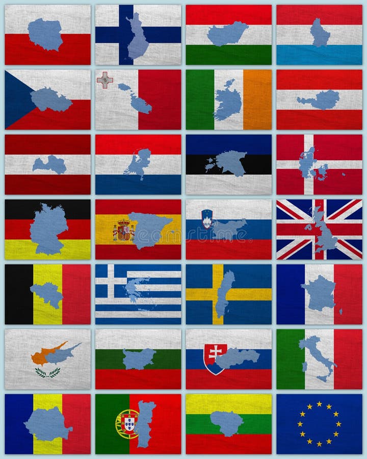 Flags and maps of European Union countries on a sackcloth. Flags and maps of European Union countries on a sackcloth