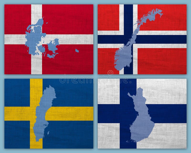 Flags and maps of Scandinavian countries on a sackcloth. Flags and maps of Scandinavian countries on a sackcloth