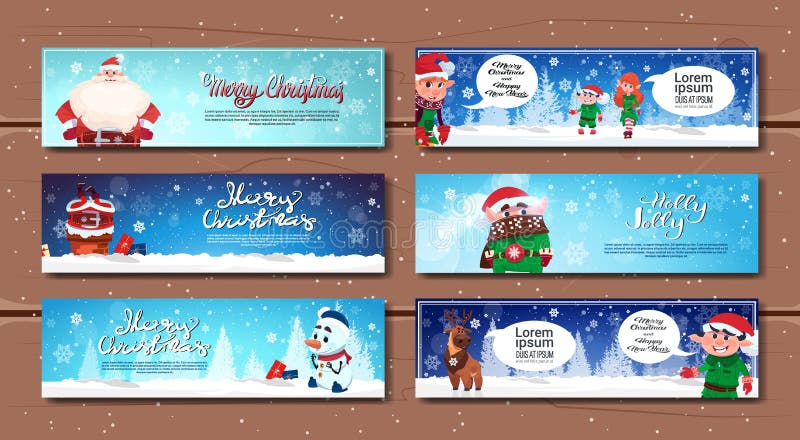 Bandeiras horizontais dos feriados de inverno com os cartões do Feliz Natal dos personagens de banda desenhada e do ano novo feli ilustração royalty free Bandeiras horizontais dos feriados de inverno com os cartões do Feliz Natal dos personagens de banda desenhada e do ano novo feli ilustração royalty free