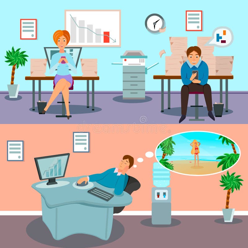 Procrastination symptoms deadline stress and task avoiding at workplace characters 2 horizontal cartoon banners isolated 6vector illustration. Procrastination symptoms deadline stress and task avoiding at workplace characters 2 horizontal cartoon banners isolated 6vector illustration