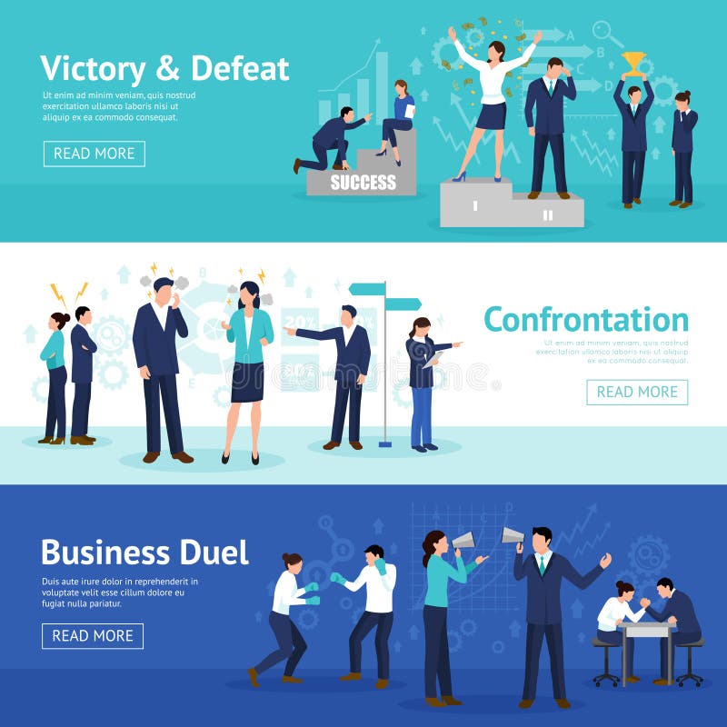 Constructive business confrontation principles for profitable result 3 flat horizontal banners webpage design isolated vector illustration. Constructive business confrontation principles for profitable result 3 flat horizontal banners webpage design isolated vector illustration