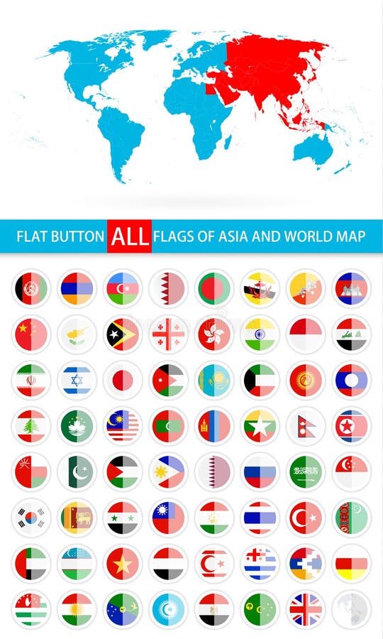Bandeiras lisas redondas do botão do conjunto completo e do mapa do mundo de Ásia ilustração royalty free Bandeiras lisas redondas do botão do conjunto completo e do mapa do mundo de Ásia ilustração royalty free