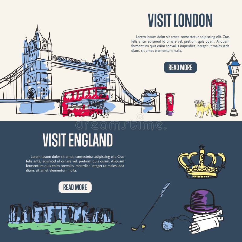 Bandeiras turísticas de visita da Web de Inglaterra e de Londres ilustração stock Bandeiras turísticas de visita da Web de Inglaterra e de Londres ilustração stock