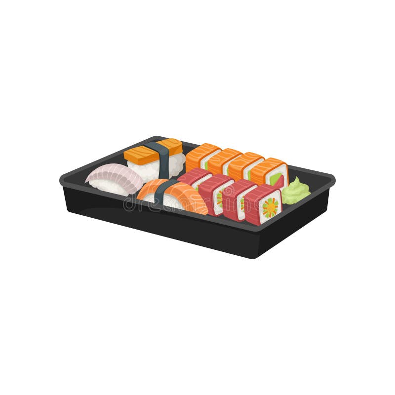 Bandeja plástica negra con el sistema de rollos de sushi Comida japonesa apetitosa Cocina asiática Vector plano para el cartel de stock de ilustración Bandeja plástica negra con el sistema de rollos de sushi Comida japonesa apetitosa Cocina asiática Vector plano para el cartel de stock de ilustración