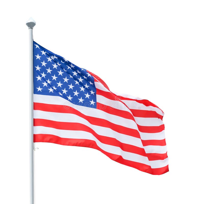 Bandera americana en la asta de bandera aislada con la trayectoria de recortes