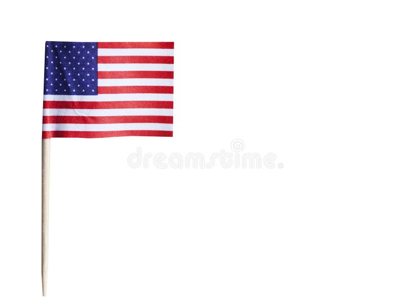 Bandera americana en palillo contra el fondo blanco