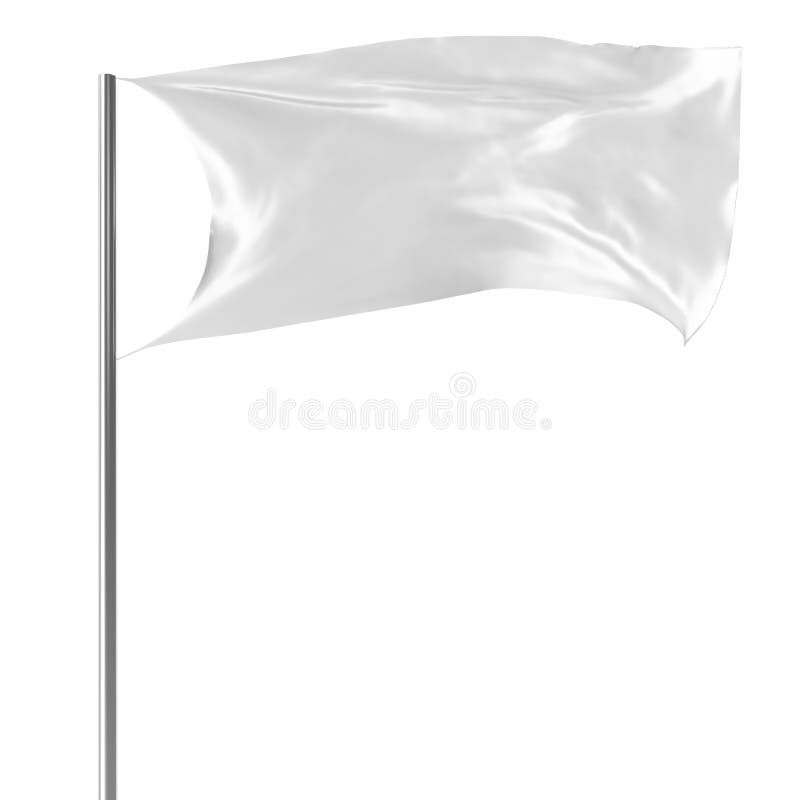 Bandera blanca en el vuelo de la asta de bandera en la maqueta vacía del viento, bandera aislada en el fondo blanco Maqueta en bl