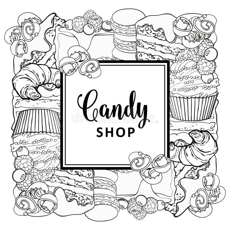 Bandera cuadrada de la tienda del caramelo con los postres cocidos en la línea estilo del bosquejo aislados en el fondo blanco ilustración del vector Bandera cuadrada de la tienda del caramelo con los postres cocidos en la línea estilo del bosquejo aislados en el fondo blanco ilustración del vector