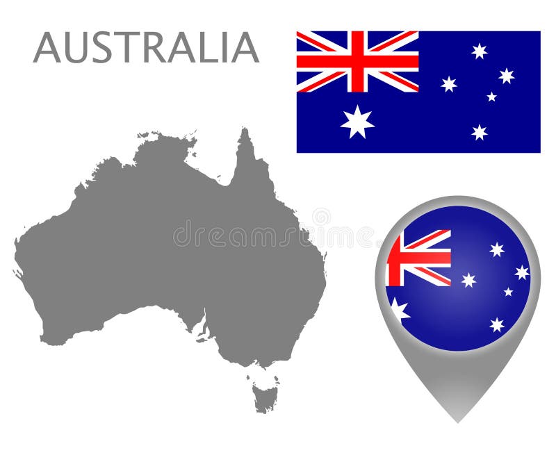 Bandera de Australia, mapa en blanco e indicador del mapa stock de ilustración Bandera de Australia, mapa en blanco e indicador del mapa stock de ilustración