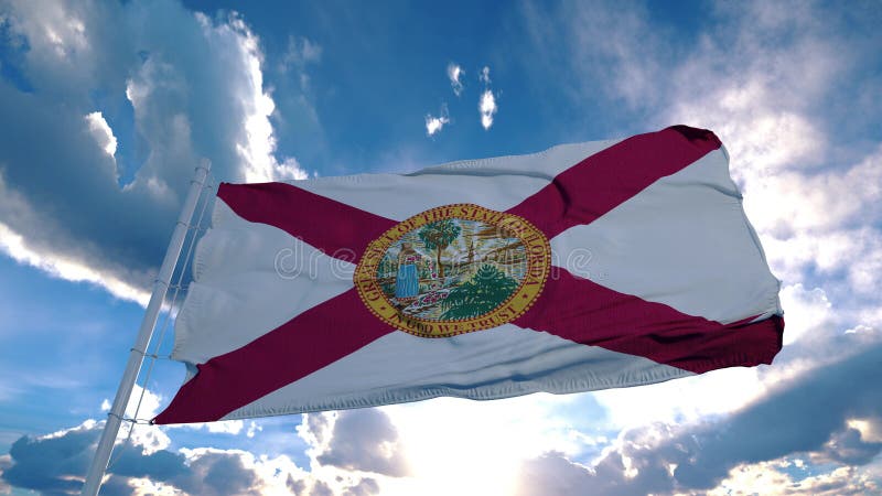 Bandera de Florida en un asta de bandera ondeando en el viento en el cielo Estado de Florida en los Estados Unidos de América 3.ª