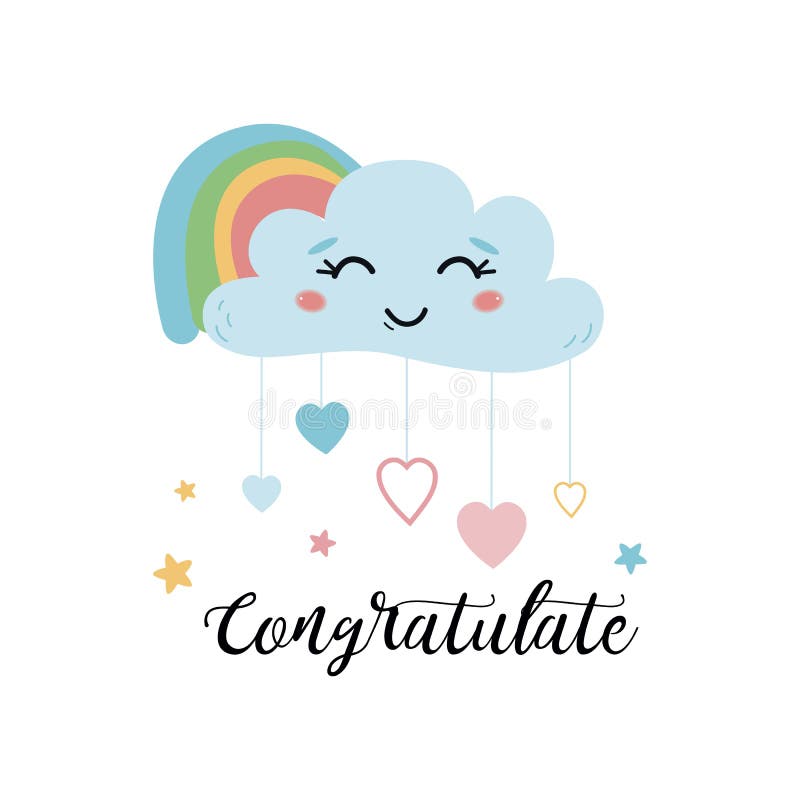 Bandera de la enhorabuena con el ejemplo lindo sonriente colorido del vector del arco iris de la nube ilustración del vector Bandera de la enhorabuena con el ejemplo lindo sonriente colorido del vector del arco iris de la nube ilustración del vector