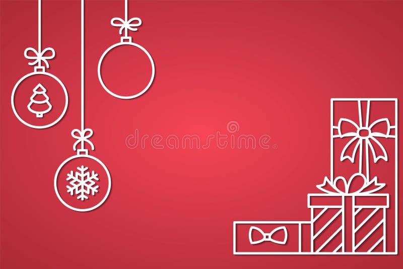 Bandera de la enhorabuena de la Navidad y del Año Nuevo con la línea bolas del árbol con los modelos y la pila de cajas de regalo stock de ilustración Bandera de la enhorabuena de la Navidad y del Año Nuevo con la línea bolas del árbol con los modelos y la pila de cajas de regalo stock de ilustración