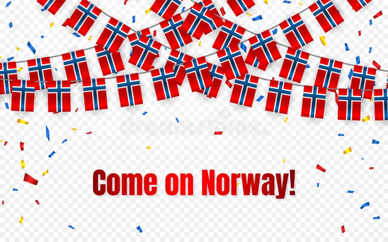 Bandera de la guirnalda de Noruega con confeti en el fondo transparente, empavesado de la caída para la bandera de la plantilla d ilustración del vector Bandera de la guirnalda de Noruega con confeti en el fondo transparente, empavesado de la caída para la bandera de la plantilla d ilustración del vector