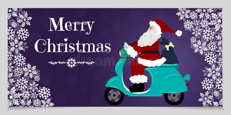 Bandera de la Navidad con los copos de nieve blancos, espacio para el texto y Papá Noel, que conducen la motocicleta que entrega ilustración del vector Bandera de la Navidad con los copos de nieve blancos, espacio para el texto y Papá Noel, que conducen la motocicleta que entrega ilustración del vector