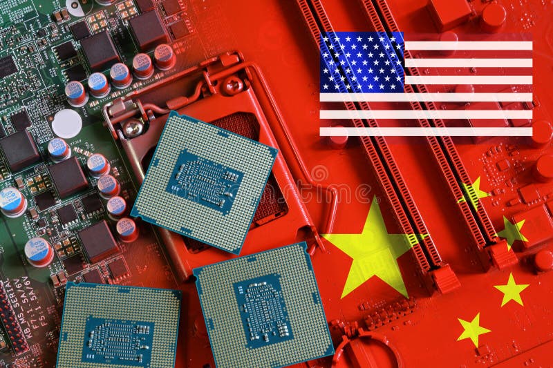 Bandera De Estados Unidos Y China En La Cpu De La Computadora