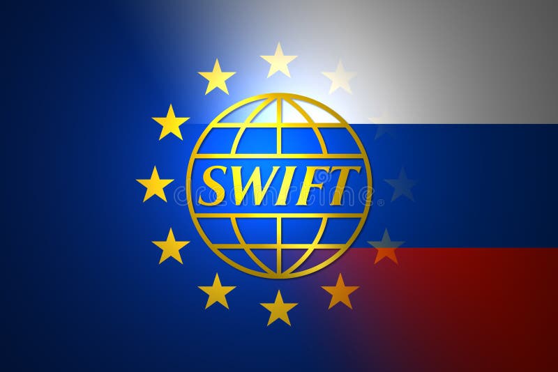 Bandera de la ue y de rusia y texto de swift. rusia moscú 25 de febrero de 2022. imagenes de archivo