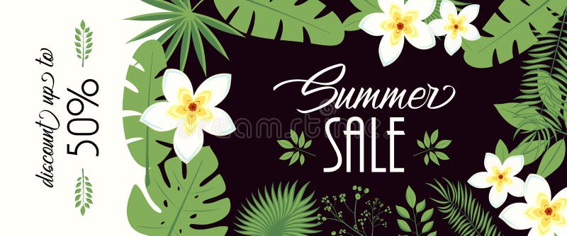 Bandera de la venta, cartel con las hojas de palma, hoja de la selva y letras de la escritura Fondo tropical floral del verano Ve libre illustration Bandera de la venta, cartel con las hojas de palma, hoja de la selva y letras de la escritura Fondo tropical floral del verano Ve libre illustration