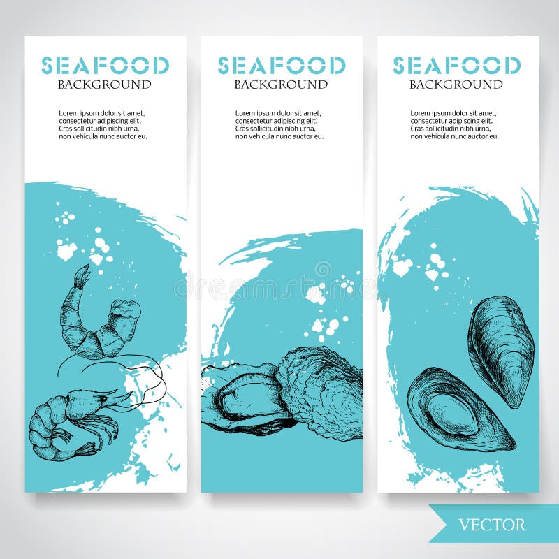 Bandera de los mariscos con el fondo azul de la acuarela y la comida dibujada mano Bosqueje el camarón, las ostras y la cáscara f ilustración del vector Bandera de los mariscos con el fondo azul de la acuarela y la comida dibujada mano Bosqueje el camarón, las ostras y la cáscara f ilustración del vector