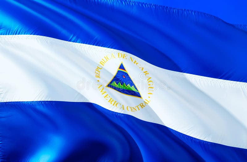 Bandera de Nicaragua diseño de la bandera que agita 3D El símbolo nacional de Nicaragua, representación 3D Colores nacionales y S imágenes de archivo libres de regalías Bandera de Nicaragua diseño de la bandera que agita 3D El símbolo nacional de Nicaragua, representación 3D Colores nacionales y S imágenes de archivo libres de regalías