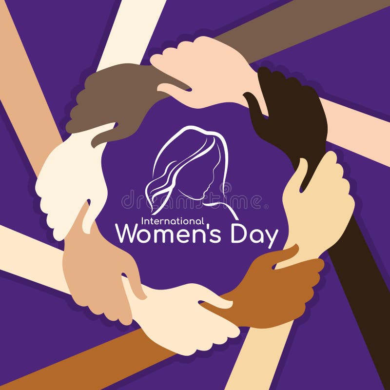Bandera del día de las mujeres internacionales con la mano del control de la mano de la mujer alrededor del marco del círculo y m