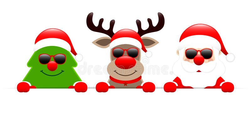 Bandera del reno y de Santa With Sunglasses Holding Horizontal del árbol de navidad libre illustration Bandera del reno y de Santa With Sunglasses Holding Horizontal del árbol de navidad libre illustration