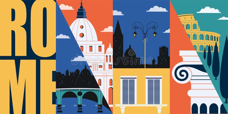 Bandera del vector de Roma, Italia, ejemplo Horizonte de la ciudad, edificios históricos en diseño plano moderno ilustración del vector Bandera del vector de Roma, Italia, ejemplo Horizonte de la ciudad, edificios históricos en diseño plano moderno ilustración del vector