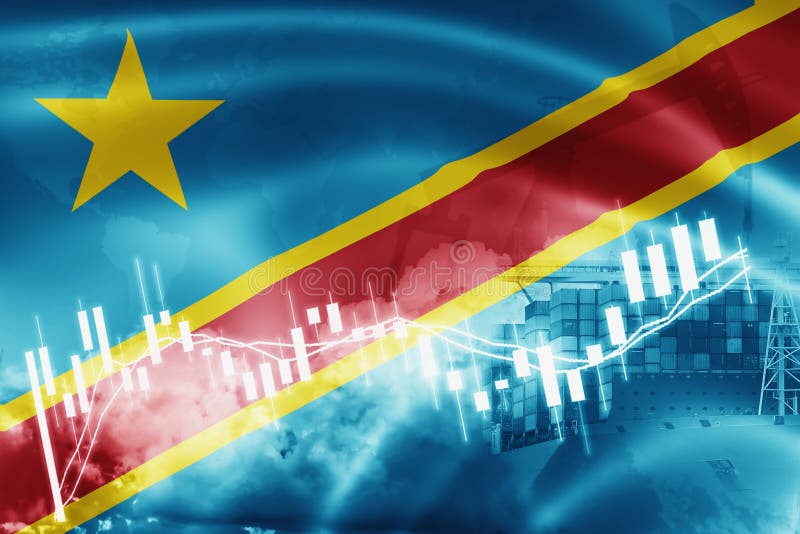 Bandera Democratic del República del Congo, mercado de acción, economía y comercio del intercambio, producción petrolífera, porta ilustración del vector Bandera Democratic del República del Congo, mercado de acción, economía y comercio del intercambio, producción petrolífera, porta ilustración del vector