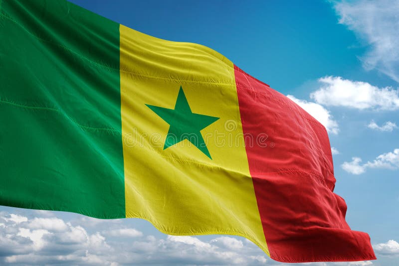 Bandera nacional de Senegal que agita el ejemplo realista 3d del fondo del cielo azul stock de ilustración Bandera nacional de Senegal que agita el ejemplo realista 3d del fondo del cielo azul stock de ilustración