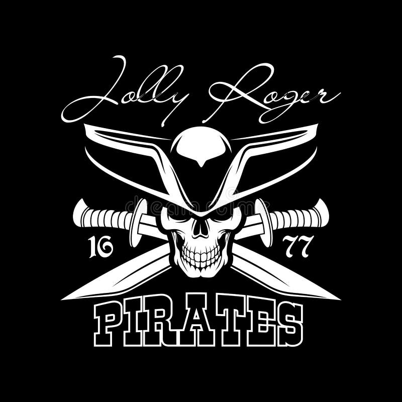 Pirate black flag and Jolly Roger symbol in captain tricorne hat and swords or sabers. Piracy sailor skull with eyepatch poster design for entertainment party, bar or pub emblem. Pirate black flag and Jolly Roger symbol in captain tricorne hat and swords or sabers. Piracy sailor skull with eyepatch poster design for entertainment party, bar or pub emblem