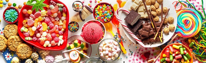 Panoramic banner with an assorted colorful candy, chocolate, cookies and ice cream for a kids birthday party in a full frame background view. Panoramic banner with an assorted colorful candy, chocolate, cookies and ice cream for a kids birthday party in a full frame background view