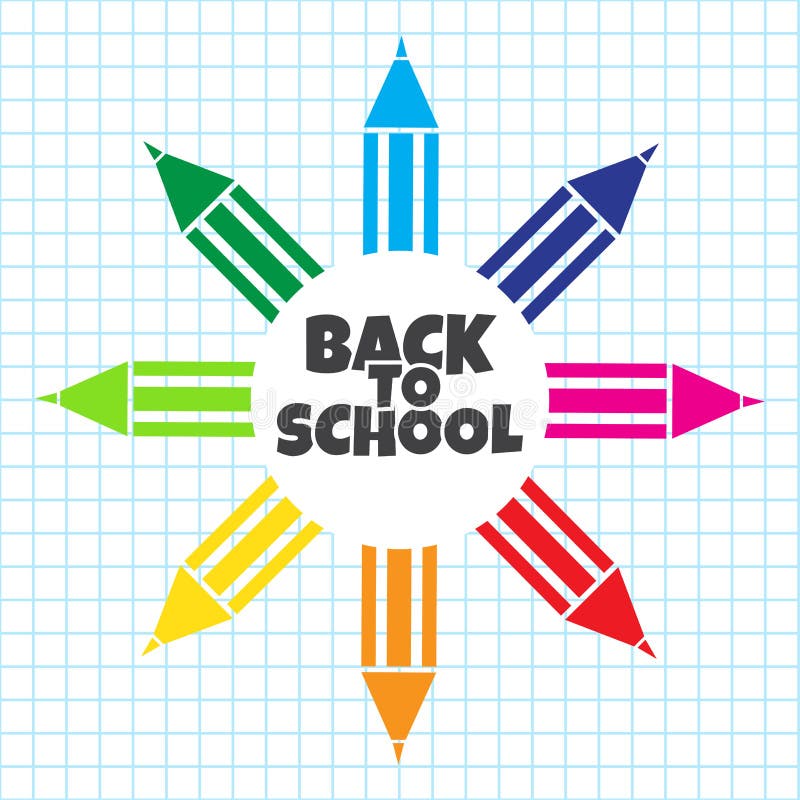 Bandera para el primer día de escuela Lápiz colorido en fondo a cuadros Vector stock de ilustración Bandera para el primer día de escuela Lápiz colorido en fondo a cuadros Vector stock de ilustración